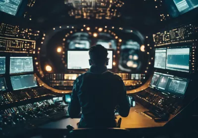 A software engineer coding inside a space rocket ready to be launched